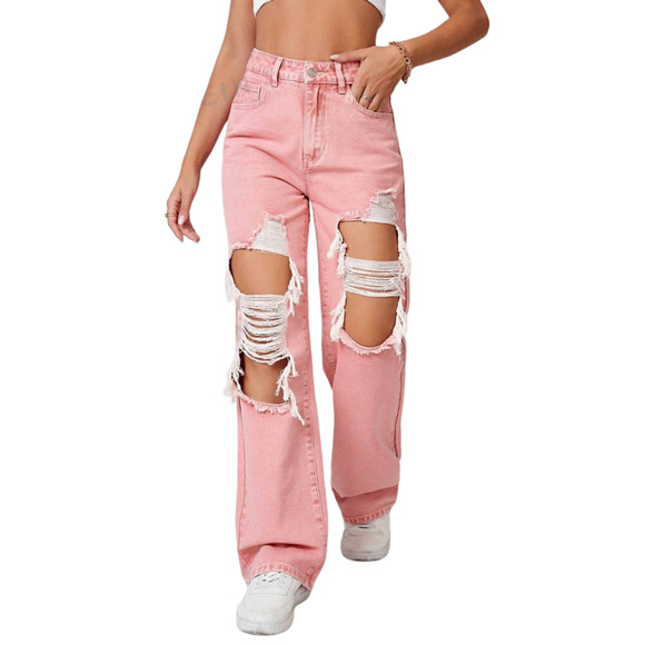 XS Pink Ripped High‎ Waisted Wide Leg Jeans Retro Acid Wash Denim Pants - Picture 1 of 6